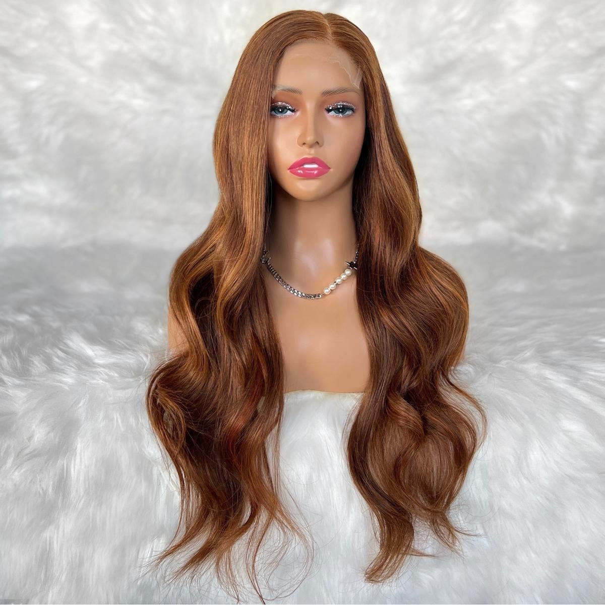 Raw Body Wave Glueless 5x5 HD Lace Closure Wig - Copper (350) - auburn copper-brown body wave long loose waves, middle part, front view on mannequin