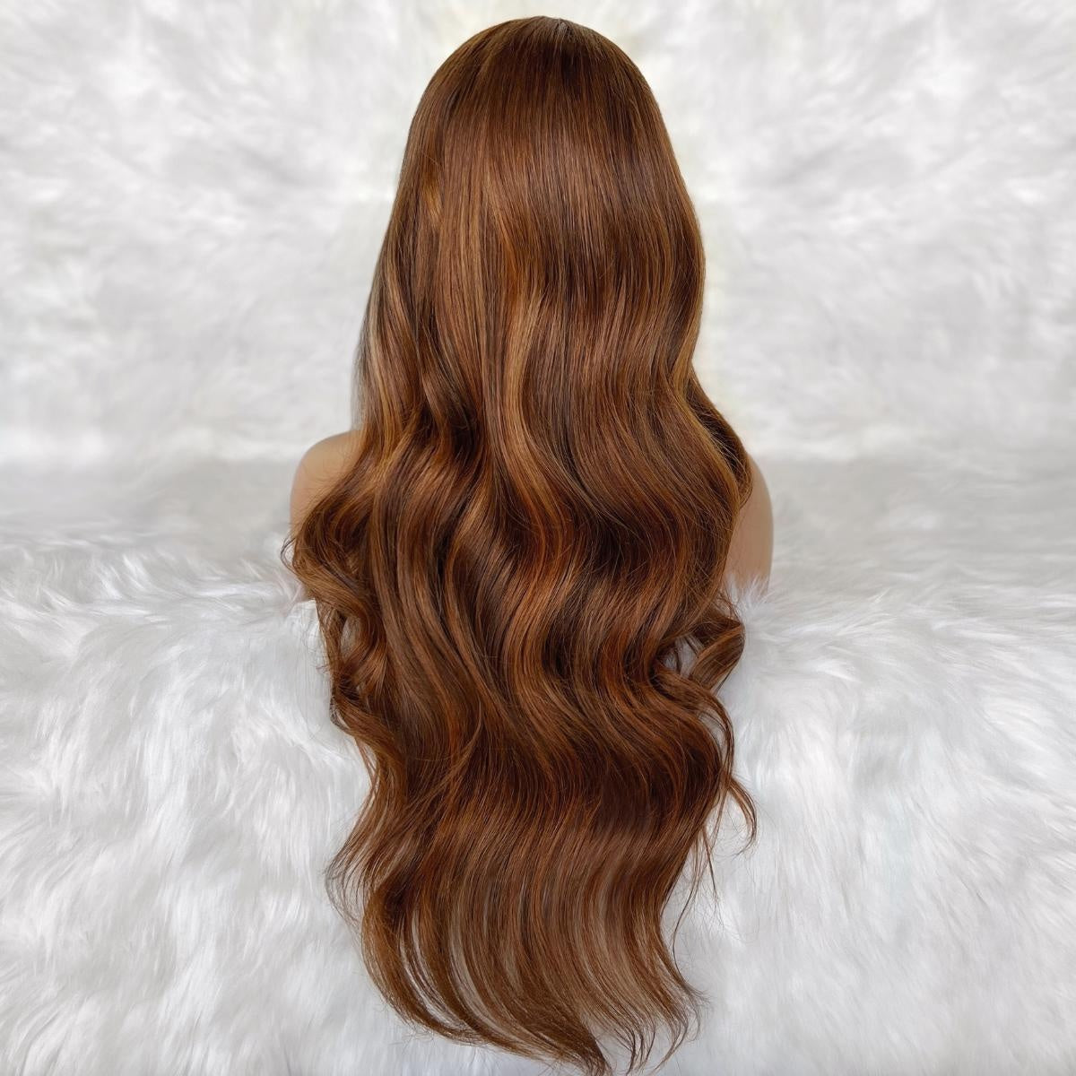 Raw Body Wave Glueless 5x5 HD Lace Closure Wig - Copper (350) - auburn copper-brown body wave long cascading waves, back view on mannequin