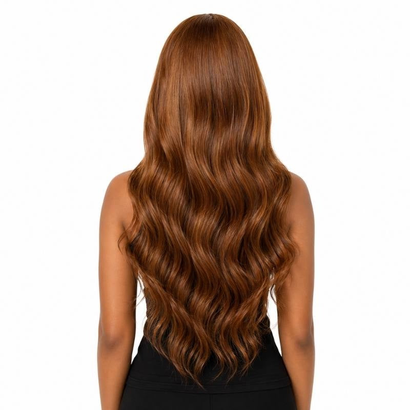 Back view of a model wearing a copper body wave human hair wig showing the wave pattern and the ends
