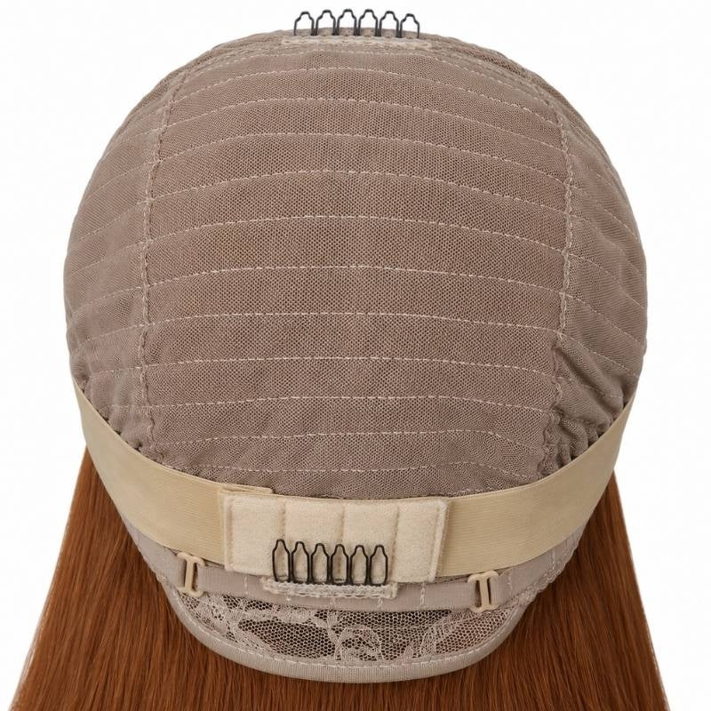 Interior back of the cap on a copper body wave human hair wig showing the mesh dome, adjustable elastic band and combs at the nape and crown