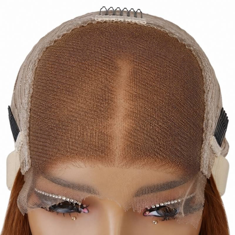 Interior front of the cap on a copper body wave human hair wig on a mannequin showing the lace panel, combs and stitched cap edge