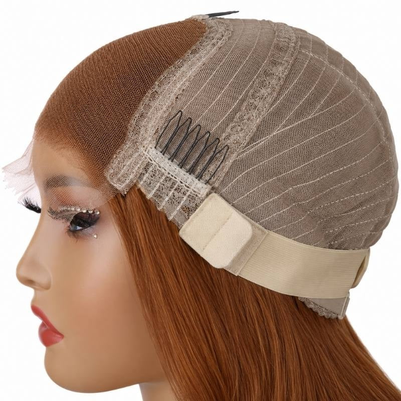 Cap of a copper body wave human hair wig folded back on a mannequin showing the lace panel, a comb, machine wefts and the adjustable strap