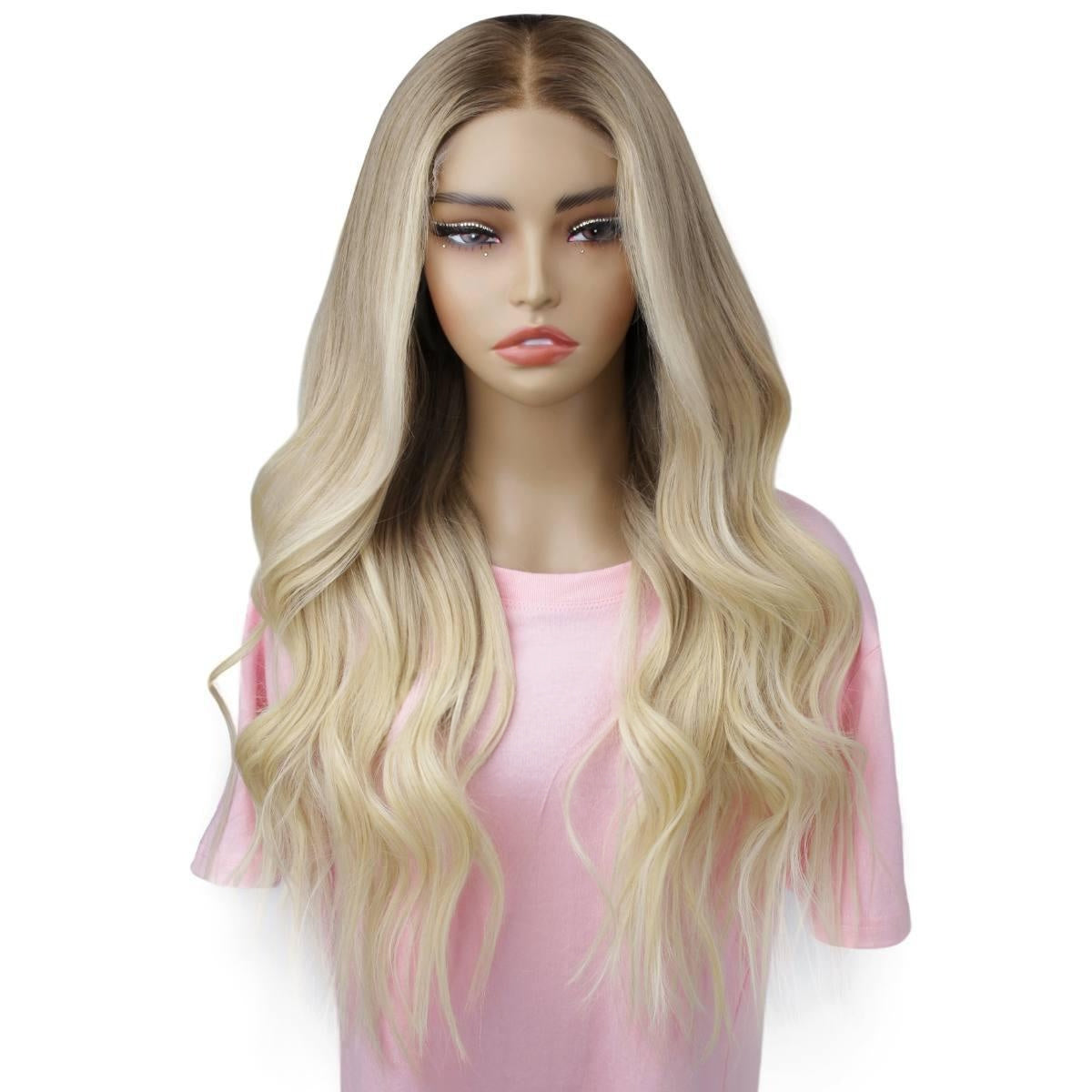 Raw Body Wave Glueless 5x5 HD Lace Closure Wig - Honey Blonde / Platinum Blonde Ombre (27/60) - beige blonde raw human hair with shadow root, long loose waves, front view on mannequin