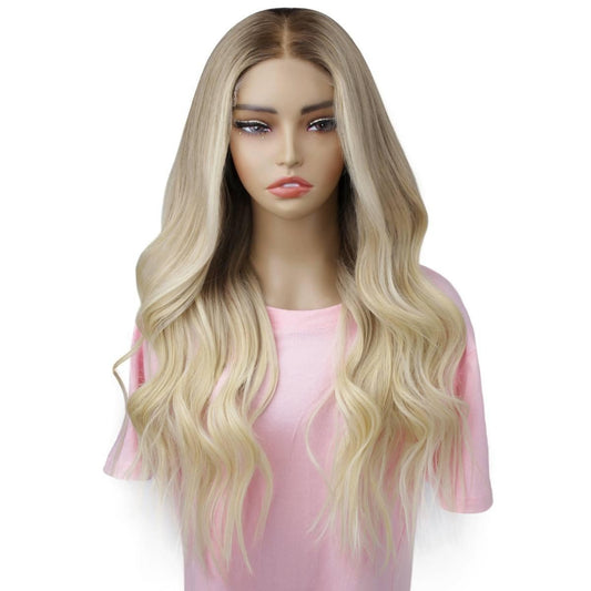 Raw Body Wave Glueless 5x5 HD Lace Closure Wig - Honey Blonde / Platinum Blonde Ombre (27/60) - beige blonde raw human hair with shadow root, long loose waves, front view on mannequin