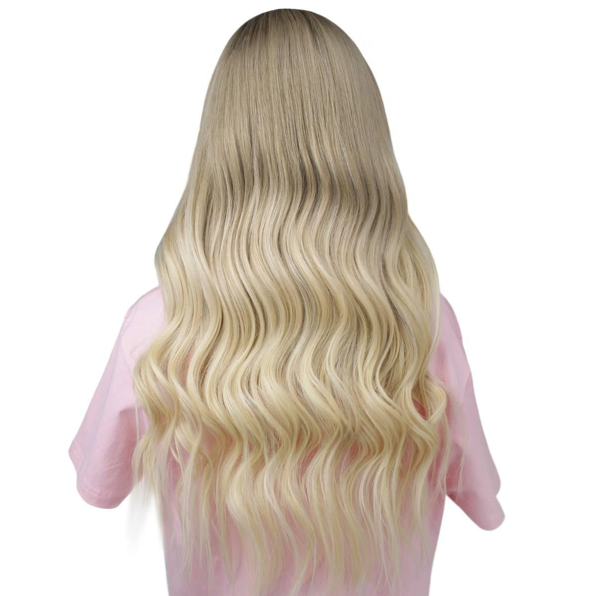Raw Body Wave Glueless 5x5 HD Lace Closure Wig - Honey Blonde / Platinum Blonde Ombre (27/60) - back view of beige blonde raw human hair glueless, long tousled beachy waves