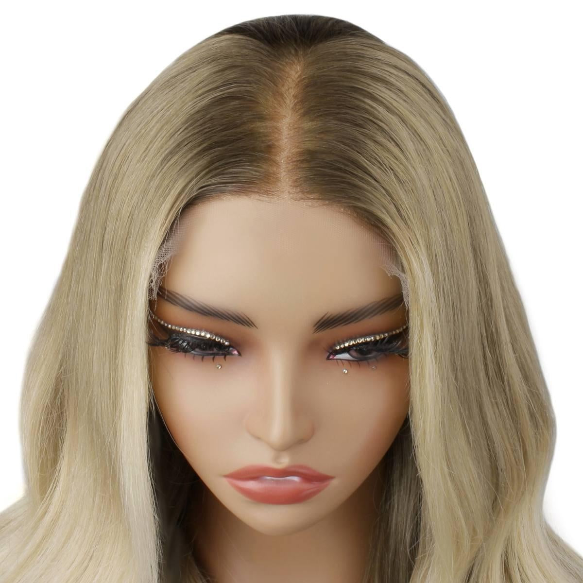Raw Body Wave Glueless 5x5 HD Lace Closure Wig - Honey Blonde / Platinum Blonde Ombre (27/60) - close-up of blonde wig middle part showing dark shadow root and transparent HD lace closure
