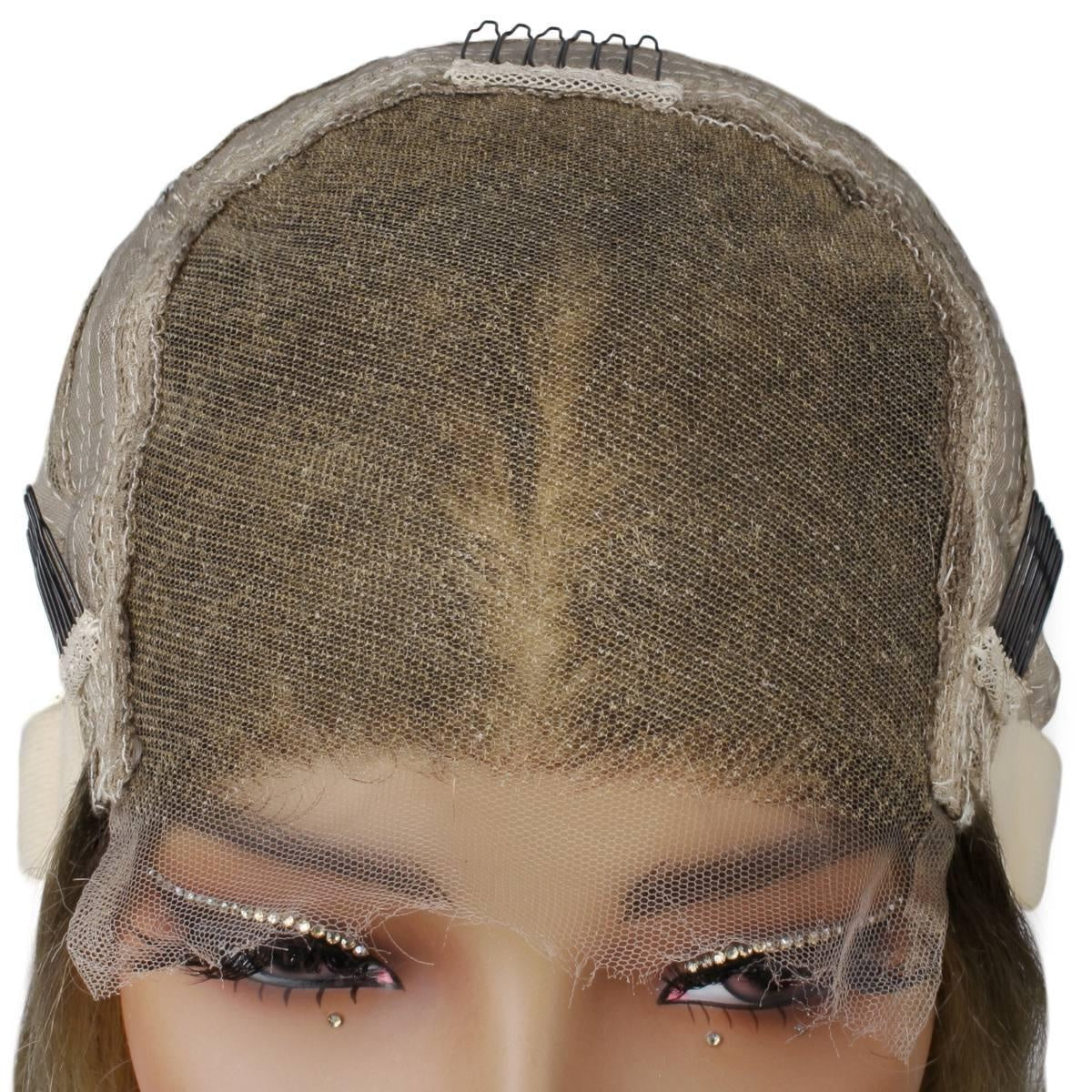 Raw Body Wave Glueless 5x5 HD Lace Closure Wig - Honey Blonde / Platinum Blonde Ombre (27/60) - interior front view of glueless cap showing HD lace closure and adjustable combs on mannequin