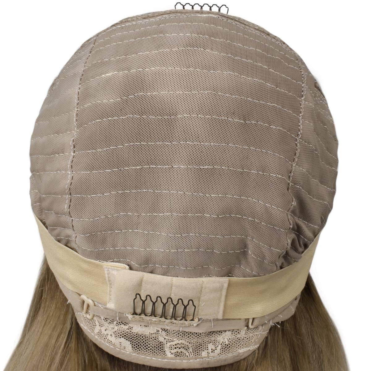 Raw Body Wave Glueless 5x5 HD Lace Closure Wig - Honey Blonde / Platinum Blonde Ombre (27/60) - back view of glueless cap showing wefted dome, elastic band and adjustable combs