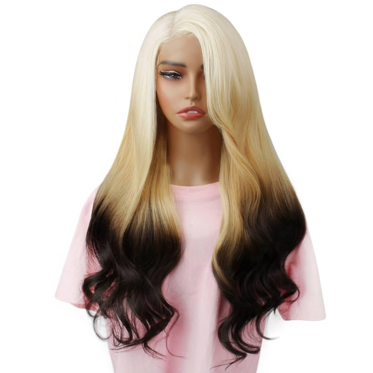 Raw Body Wave Glueless 5x5 HD Lace Closure Wig - Platinum Blonde / Blonde / Dark Brown Reverse Ombre (60/613/2) - blonde to dark brown ombre body wave long waves, front view on mannequin