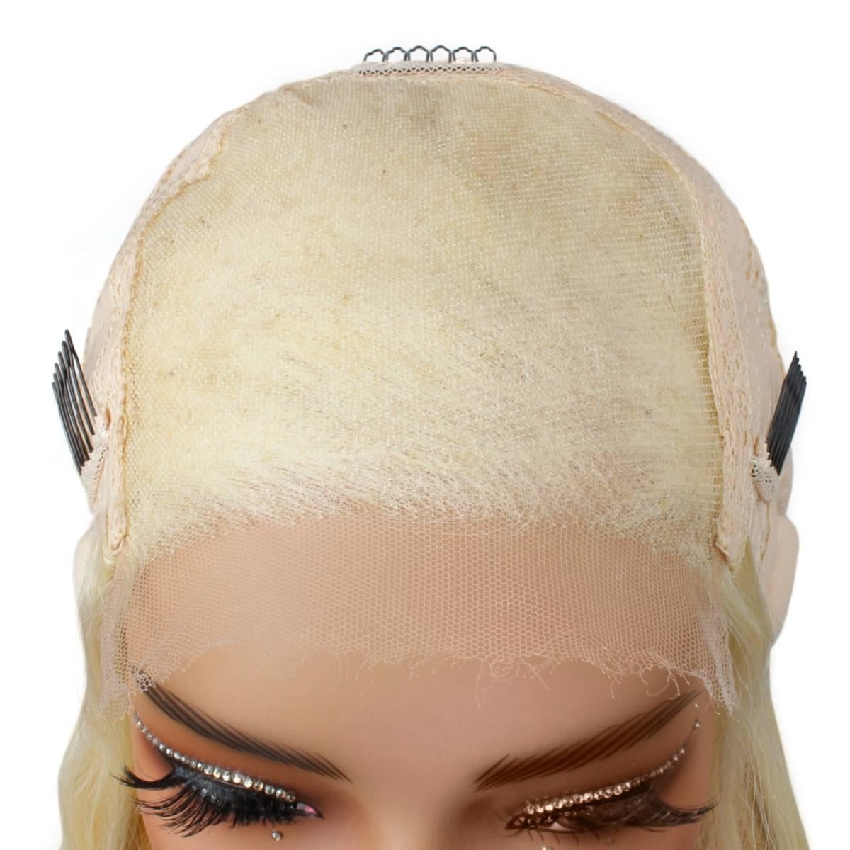 Raw Body Wave Glueless 5x5 HD Lace Closure Wig - Platinum Blonde / Blonde / Dark Brown Reverse Ombre (60/613/2) - close-up of cap front, showing HD lace, adjustable combs and elastic band