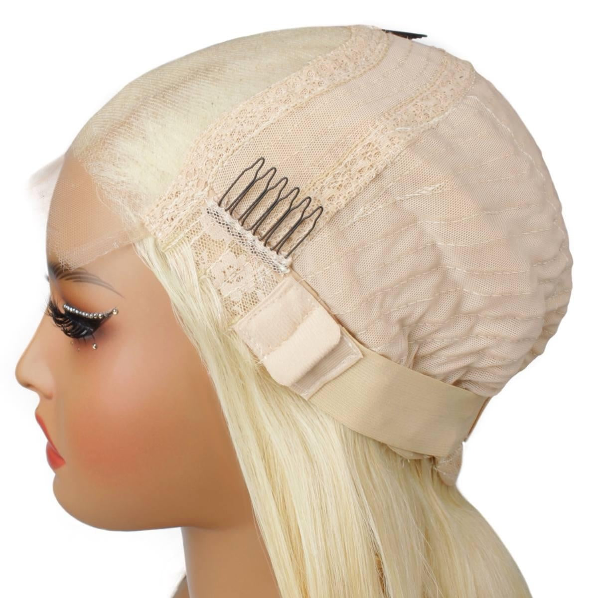 Raw Body Wave Glueless 5x5 HD Lace Closure Wig - Platinum Blonde / Blonde / Dark Brown Reverse Ombre (60/613/2) - side view of glueless cap interior showing lace, adjustable straps and secure combs