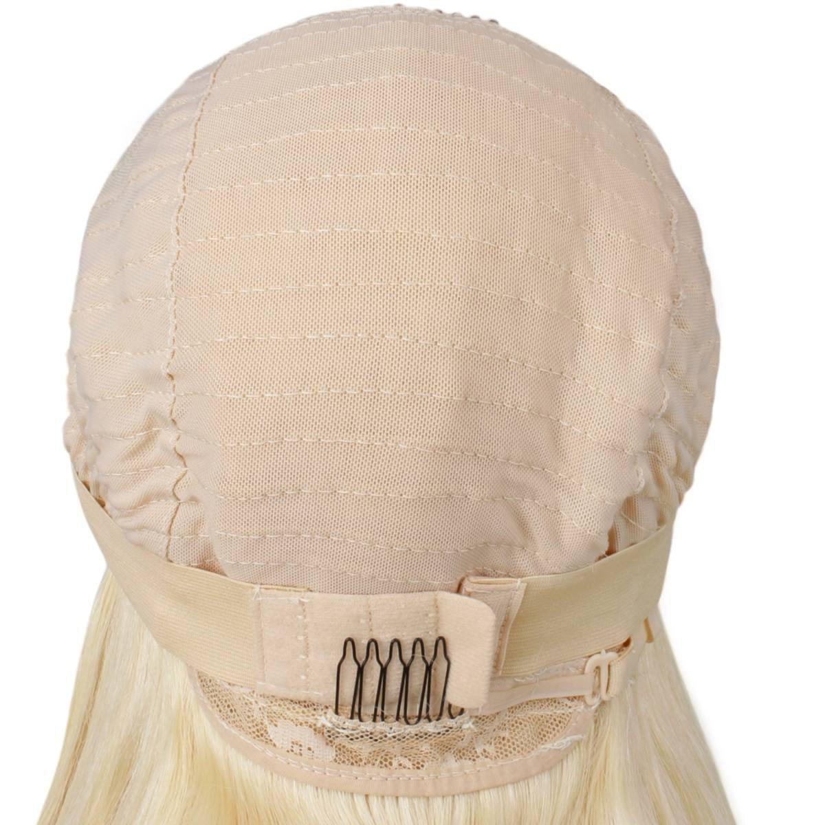 Raw Body Wave Glueless 5x5 HD Lace Closure Wig - Platinum Blonde / Blonde / Dark Brown Reverse Ombre (60/613/2) - top rear view of cap construction showing wefted dome, adjustable strap and combs