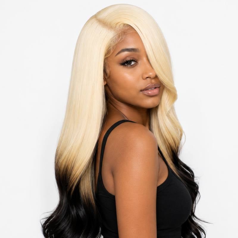 Platinum blonde to dark brown reverse ombre body wave human hair wig on a model turned over the shoulder showing the colour change at the ends