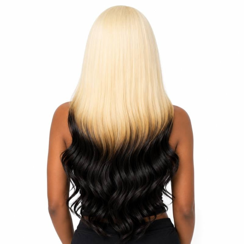 Back view of a model wearing a platinum blonde to dark brown reverse ombre body wave human hair wig showing the waved dark ends