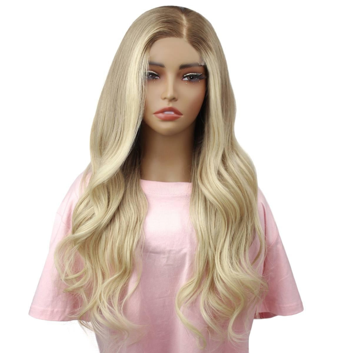 Raw Body Wave Glueless 5x5 HD Lace Closure Wig - Toffee / Blonde Ombre (30/613) - blonde ombre body wave dark shadow roots, long wavy layers, front view on mannequin