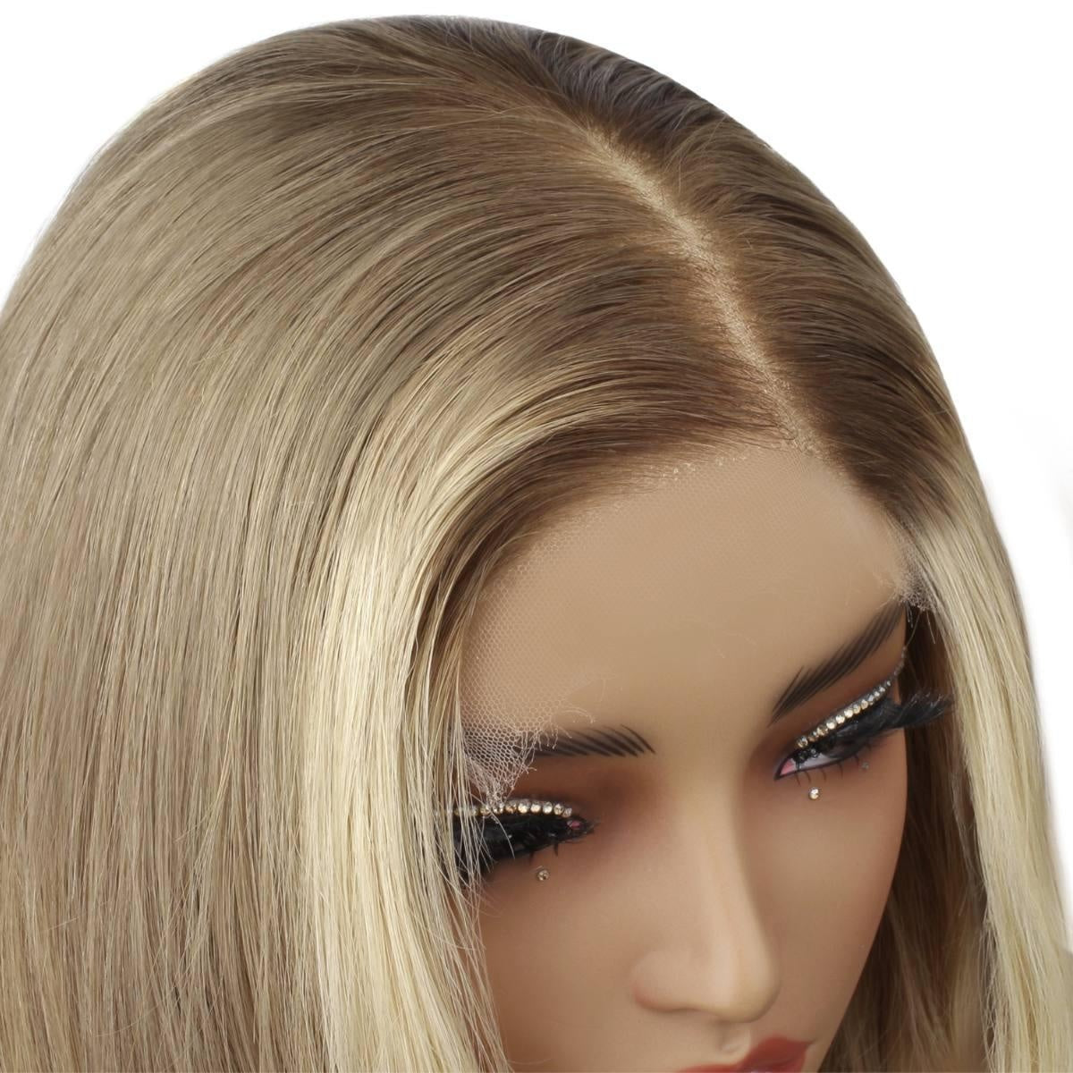 Raw Body Wave Glueless 5x5 HD Lace Closure Wig - Toffee / Blonde Ombre (30/613) - close-up of blonde HD lace closure middle part with shadow roots, showing natural scalp and hairline detail