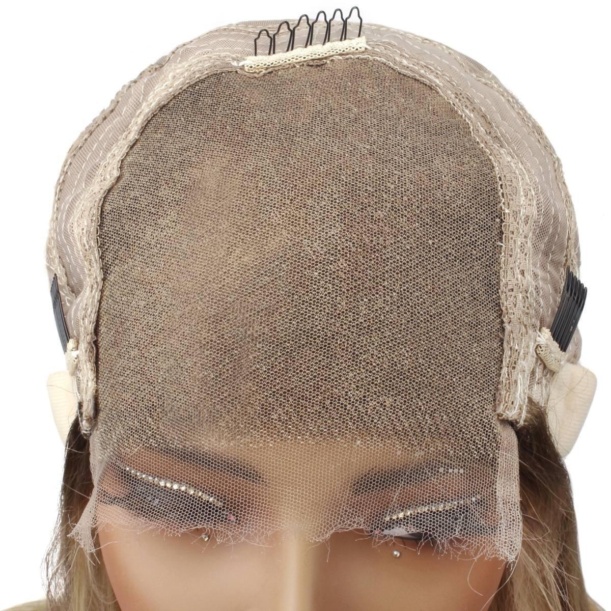 Raw Body Wave Glueless 5x5 HD Lace Closure Wig - Toffee / Blonde Ombre (30/613) - interior cap construction of showing lace, wefts and adjustable combs