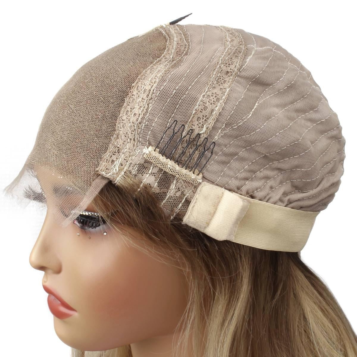 Raw Body Wave Glueless 5x5 HD Lace Closure Wig - Toffee / Blonde Ombre (30/613) - side view of glueless cap showing 5x5 HD lace, adjustable strap and secure combs on mannequin