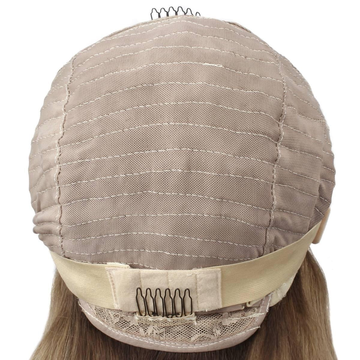 Raw Body Wave Glueless 5x5 HD Lace Closure Wig - Toffee / Blonde Ombre (30/613) - back view of glueless cap showing wefts, adjustable strap and combs for secure fit