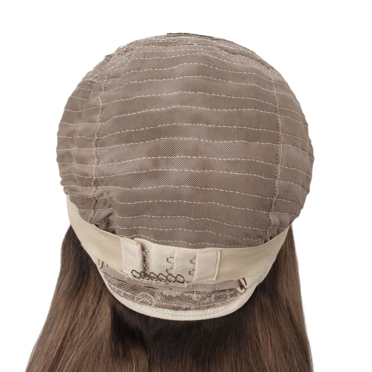 Interior back of the cap on a chocolate brown to platinum blonde straight bob human hair wig showing the mesh dome, elastic band and nape comb