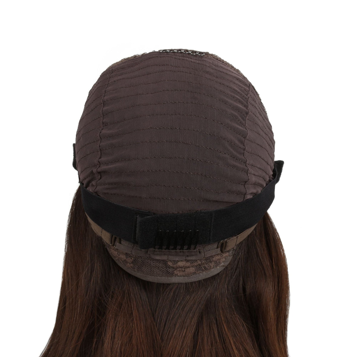 Interior back of the cap on a toffee and honey blonde balayage straight bob human hair wig showing the mesh dome, elastic band and nape comb