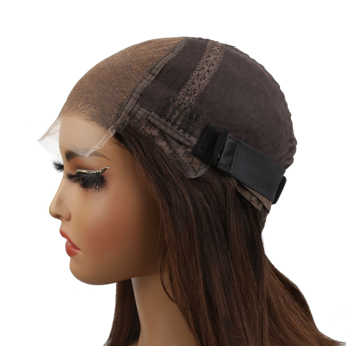 Cap of a toffee and honey blonde balayage straight bob human hair wig folded back on a mannequin showing the lace, elastic strap and wefted back