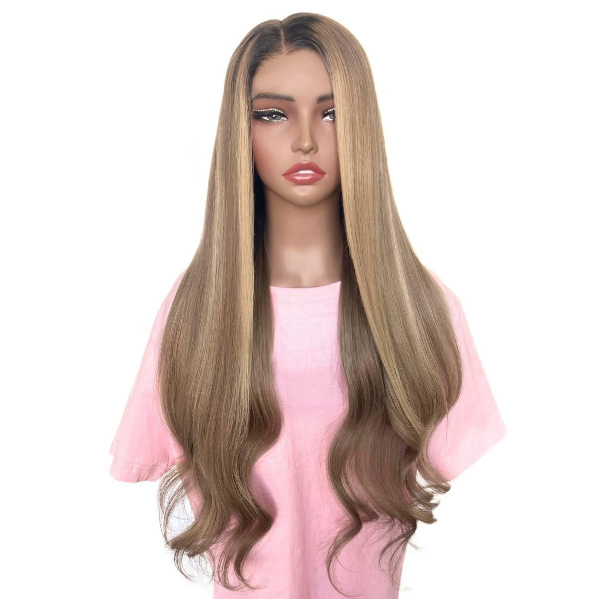 Raw Straight Glueless 5x5 HD Lace Closure Wig - Natural Black / Honey Blonde / Platinum Blonde Ombre (1B/27/60) - honey-blonde with dark roots, long straight length with wavy ends, front view