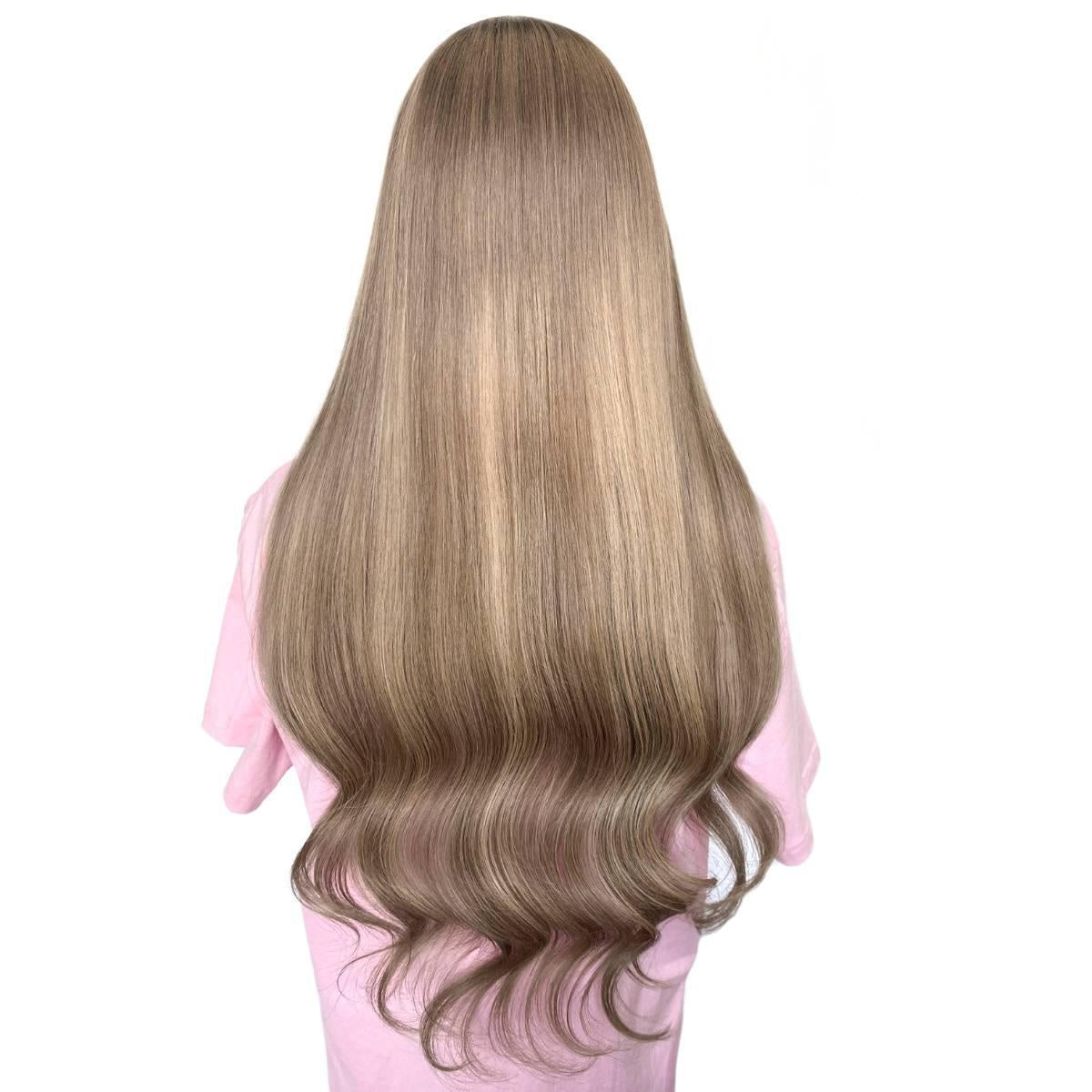 Raw Straight Glueless 5x5 HD Lace Closure Wig - Natural Black / Honey Blonde / Platinum Blonde Ombre (1B/27/60) - honey-blonde, long silky straight hair with soft wavy curled ends, back view