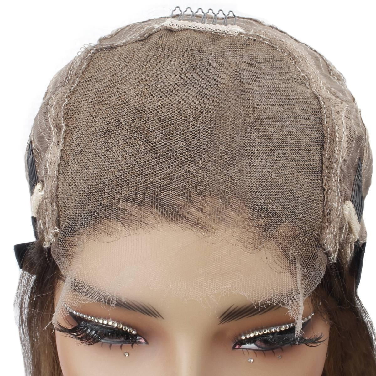 Raw Straight Glueless 5x5 HD Lace Closure Wig - Natural Black / Honey Blonde / Platinum Blonde Ombre (1B/27/60) - interior cap construction of showing lace front and adjustable straps