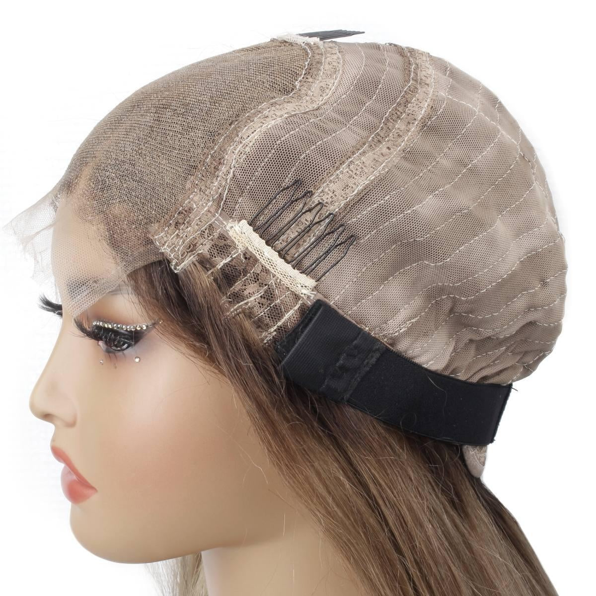 Raw Straight Glueless 5x5 HD Lace Closure Wig - Natural Black / Honey Blonde / Platinum Blonde Ombre (1B/27/60) - side view of cap construction with adjustable elastic band and combs, glueless lace