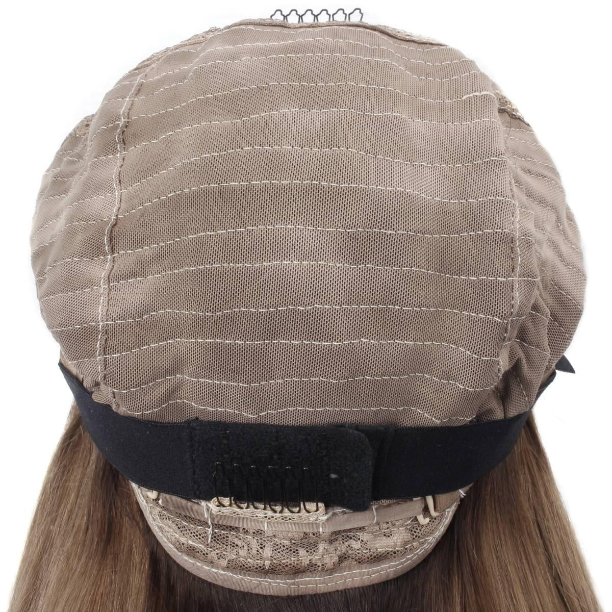 Raw Straight Glueless 5x5 HD Lace Closure Wig - Natural Black / Honey Blonde / Platinum Blonde Ombre (1B/27/60) - back view of cap interior with adjustable strap and velcro closure, breathable wig construction