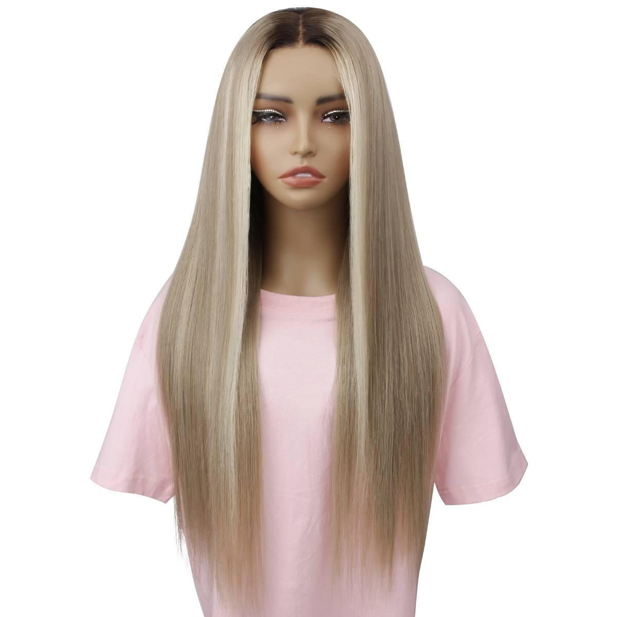 Raw Straight Glueless 5x5 HD Lace Closure Wig - Chocolate Brown / Ash Blonde Ombre (4/60) - ash blonde raw human hair with shadow root, long sleek straight, front view on mannequin