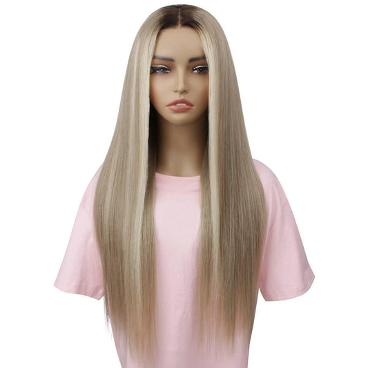Raw Straight Glueless 5x5 HD Lace Closure Wig - Chocolate Brown / Ash Blonde Ombre (4/60) - ash blonde raw human hair with shadow root, long sleek straight, front view on mannequin