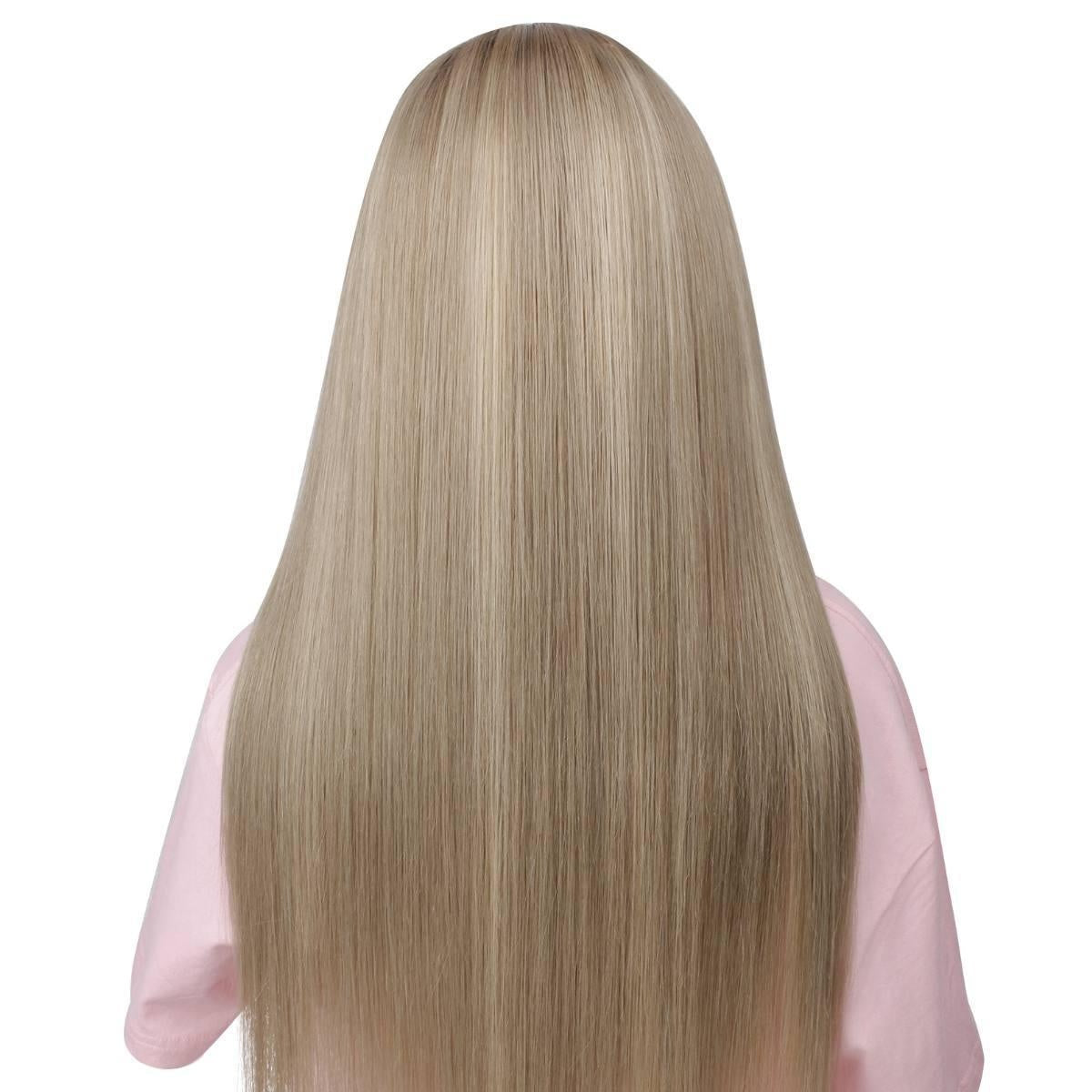 Raw Straight Glueless 5x5 HD Lace Closure Wig - Chocolate Brown / Ash Blonde Ombre (4/60) - back view of ash blonde raw human hair glueless, long straight silky length