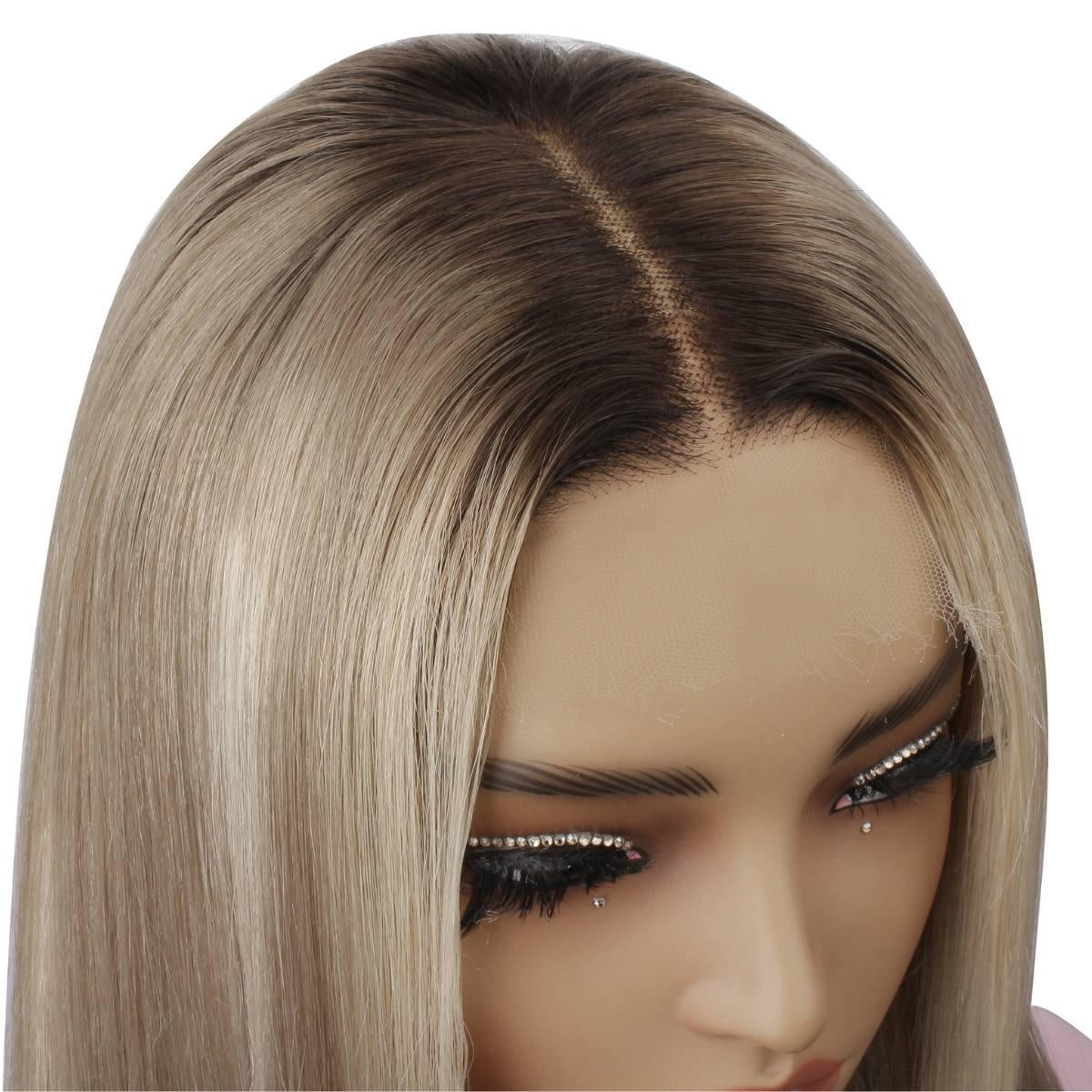 Raw Straight Glueless 5x5 HD Lace Closure Wig - Chocolate Brown / Ash Blonde Ombre (4/60) - close-up of ash blonde wig middle part showing dark shadow root and transparent HD lace closure