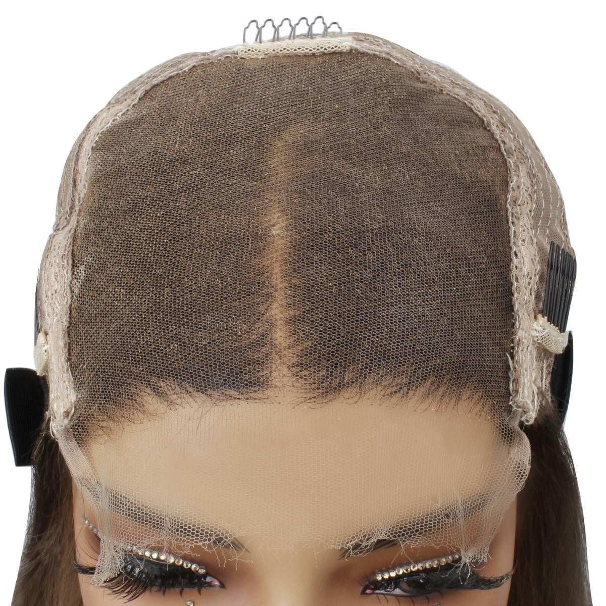 Raw Straight Glueless 5x5 HD Lace Closure Wig - Chocolate Brown / Ash Blonde Ombre (4/60) - interior front view of glueless cap showing HD lace closure and adjustable combs on mannequin