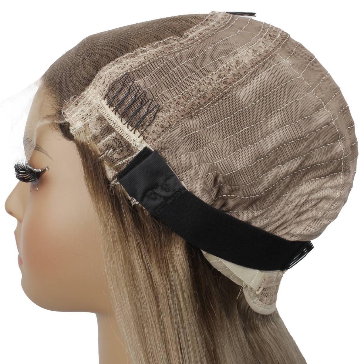 Raw Straight Glueless 5x5 HD Lace Closure Wig - Chocolate Brown / Ash Blonde Ombre (4/60) - side profile of glueless cap construction showing wefts, combs and adjustable strap