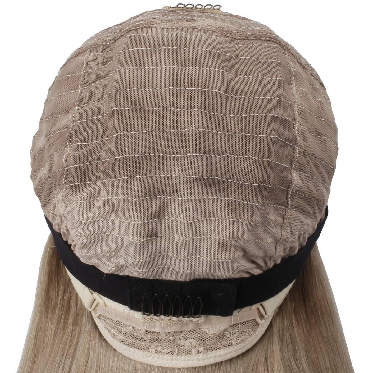 Raw Straight Glueless 5x5 HD Lace Closure Wig - Chocolate Brown / Ash Blonde Ombre (4/60) - back view of glueless cap showing wefted dome, elastic band and adjustable combs