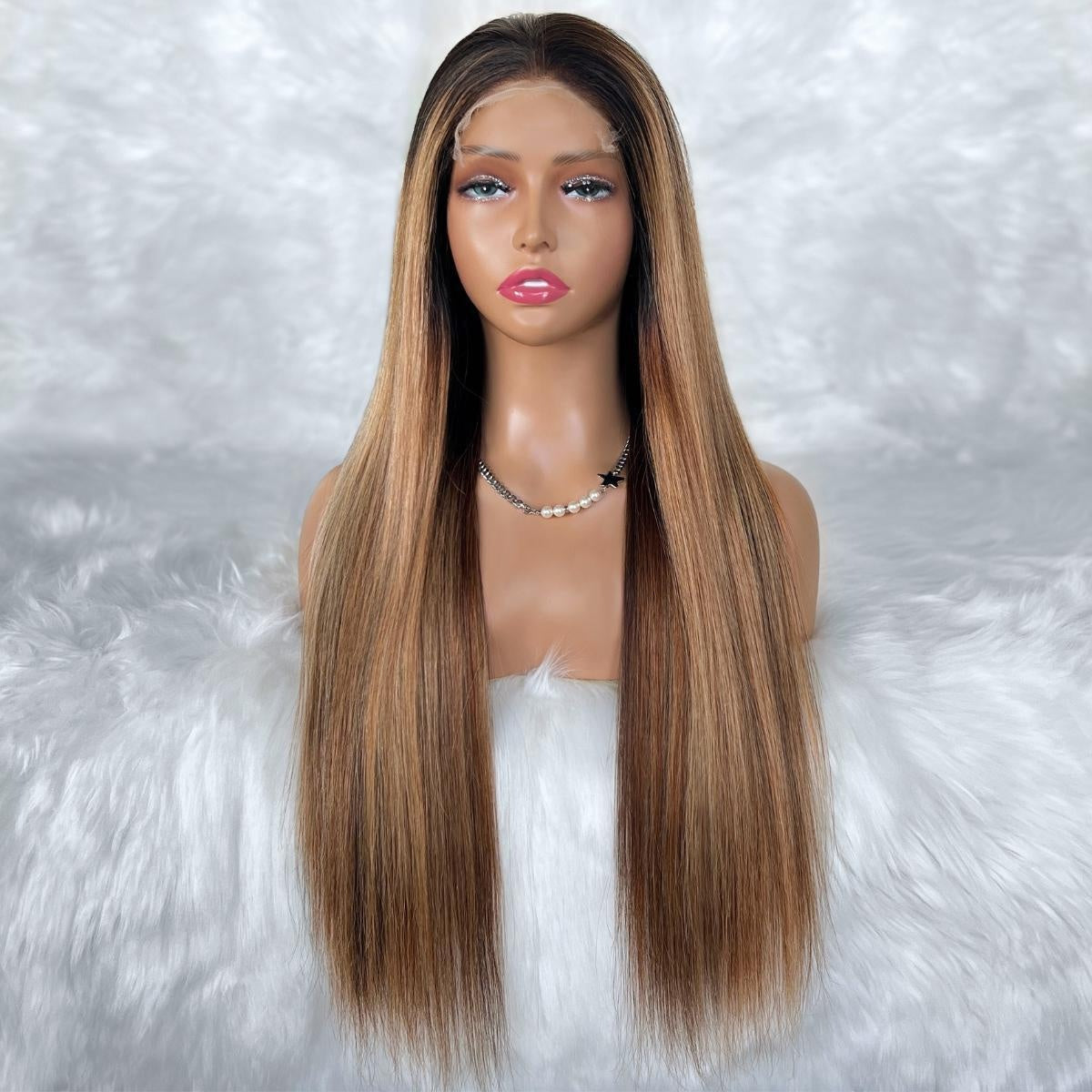 Raw Straight Glueless 5x5 HD Lace Closure Wig - Chocolate Brown / Honey Blonde Ombre and Balayage (4/27) - caramel-blonde highlighted with dark roots, long sleek straight length, front view