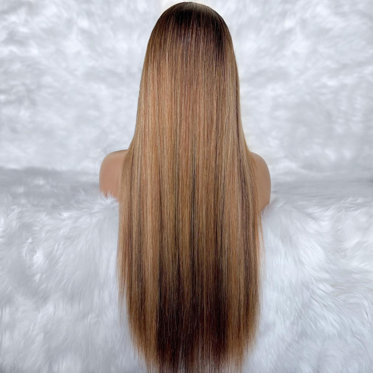 Raw Straight Glueless 5x5 HD Lace Closure Wig - Chocolate Brown / Honey Blonde Ombre and Balayage (4/27) - caramel-blonde highlighted, long straight sleek hair with dark roots, back view