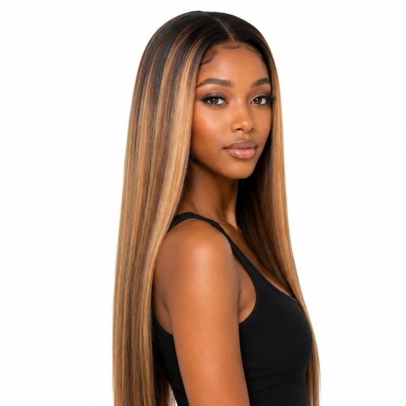 Chocolate brown and honey blonde highlighted straight human hair wig on a model turned over the shoulder showing the highlight placement