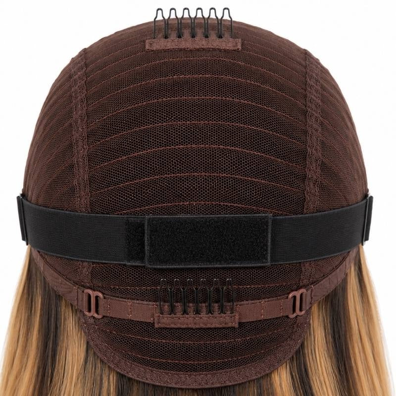 Interior back of the cap on a chocolate brown and honey blonde straight human hair wig showing the mesh dome, black elastic band and nape comb