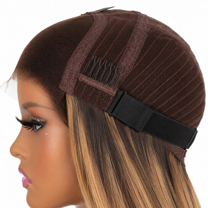Cap of a chocolate brown and honey blonde straight human hair wig folded back on a mannequin showing the lace, a comb and the black elastic strap