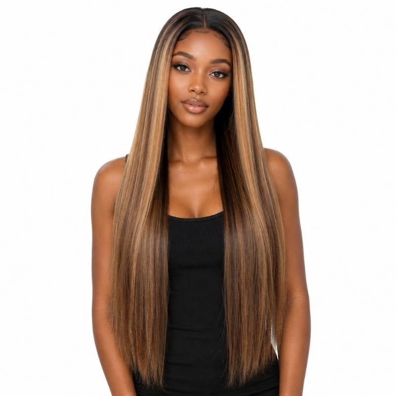 Model wearing a chocolate brown and honey blonde highlighted straight human hair wig with a middle part and long straight lengths