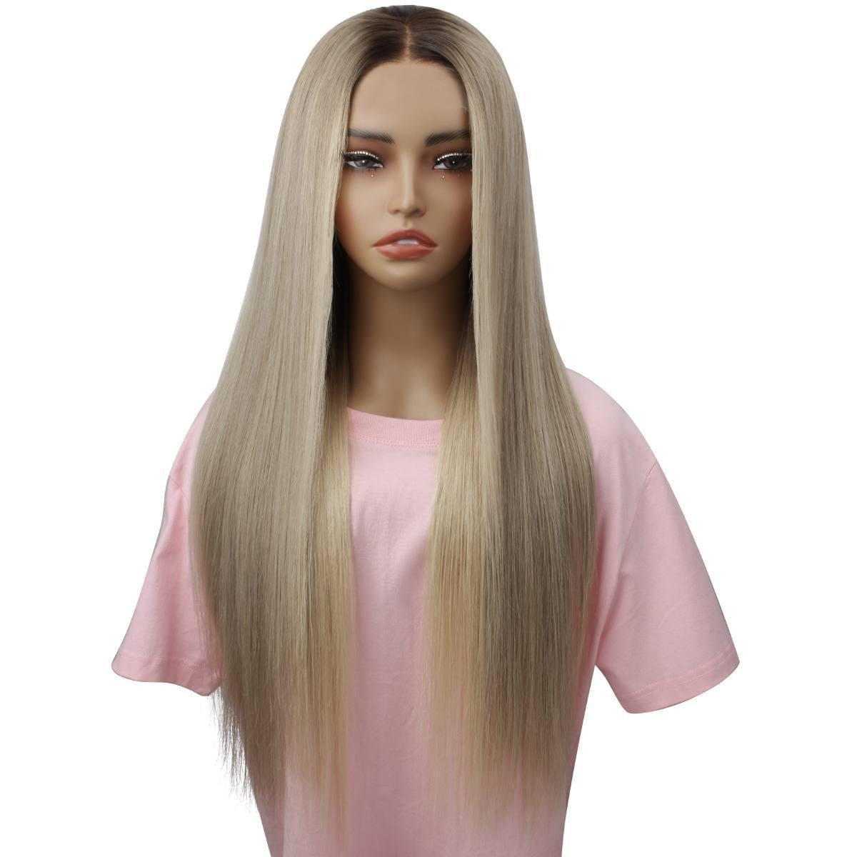 Raw Straight Glueless 5x5 HD Lace Closure Wig - Chocolate Brown / Platinum Blonde Ombre (4/60) - platinum blonde straight with dark shadow roots, long sleek middle part, front view