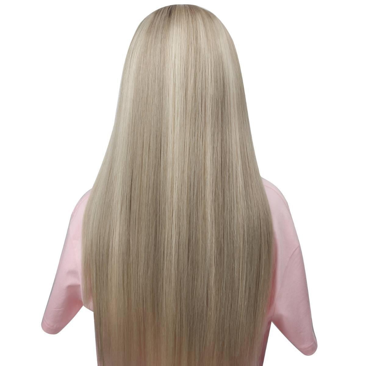 Raw Straight Glueless 5x5 HD Lace Closure Wig - Chocolate Brown / Platinum Blonde Ombre (4/60) - platinum blonde straight long sleek strands, back view on mannequin
