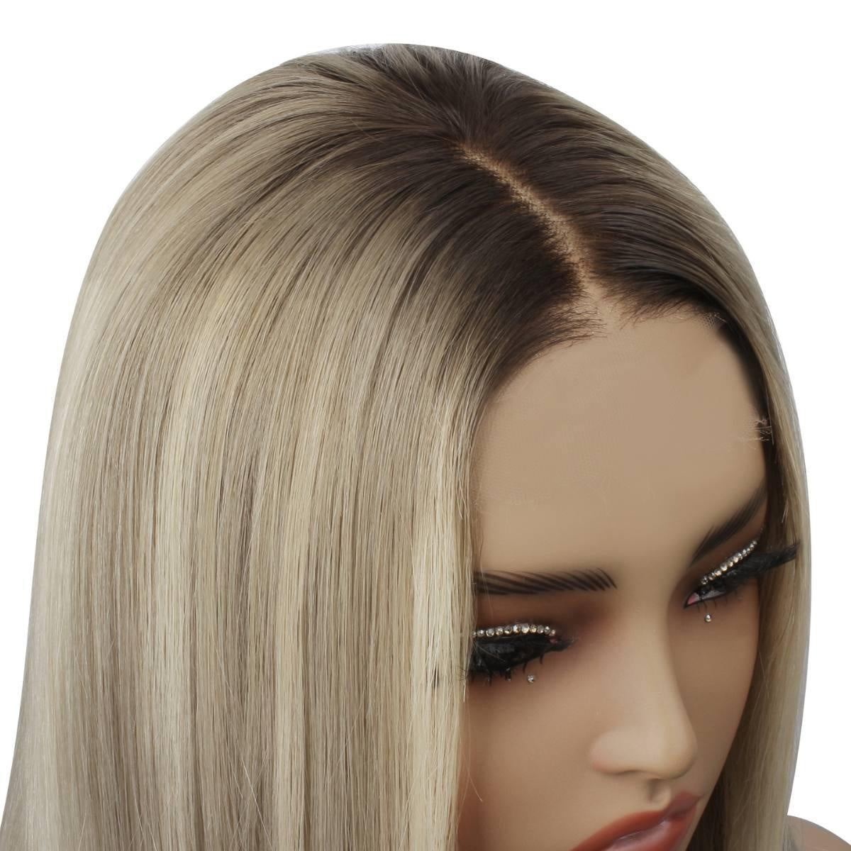 Raw Straight Glueless 5x5 HD Lace Closure Wig - Chocolate Brown / Platinum Blonde Ombre (4/60) - close-up of platinum blonde HD lace closure middle part with dark roots, showing natural scalp parting