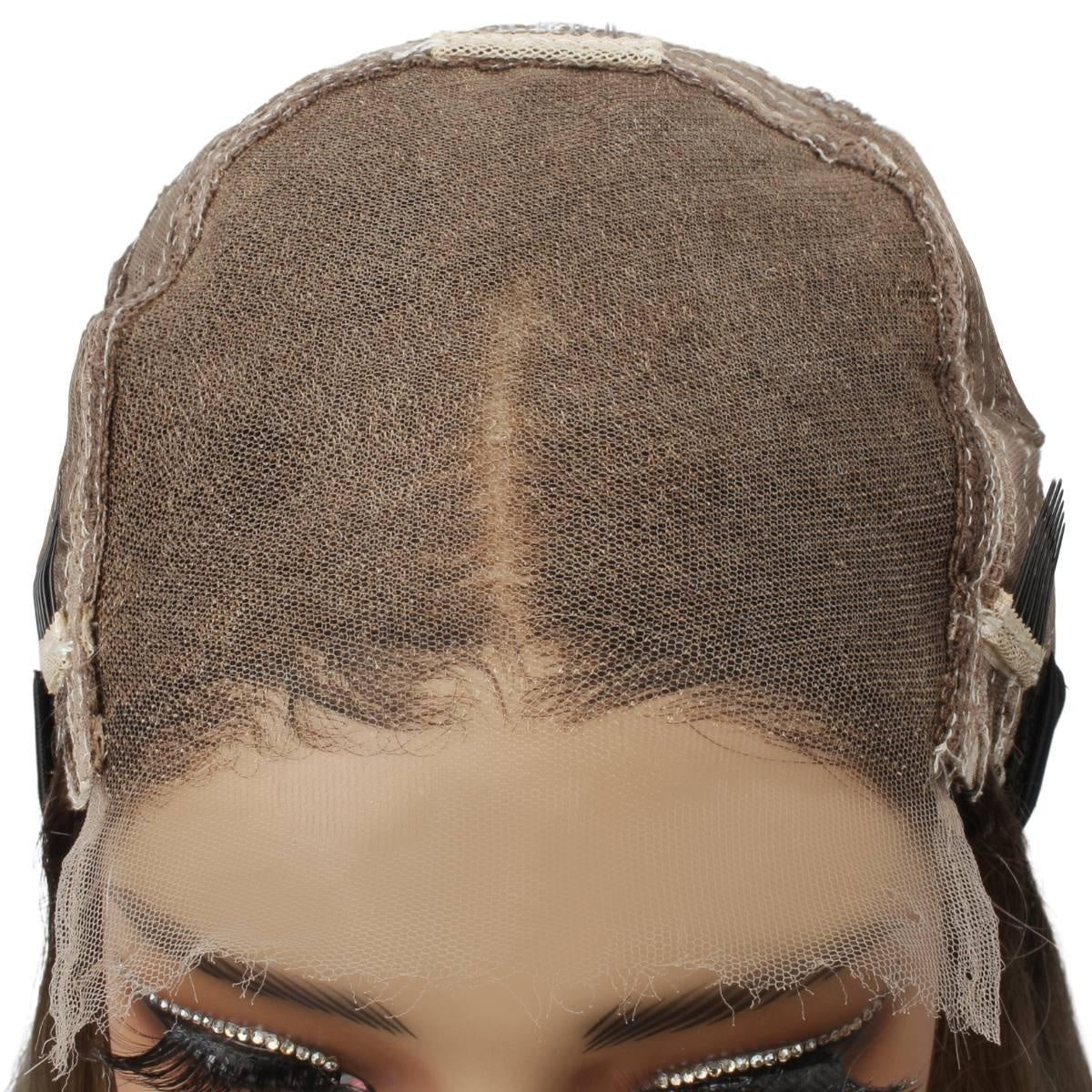 Raw Straight Glueless 5x5 HD Lace Closure Wig - Chocolate Brown / Platinum Blonde Ombre (4/60) - interior cap of showing lace parting area, wefts and adjustable combs