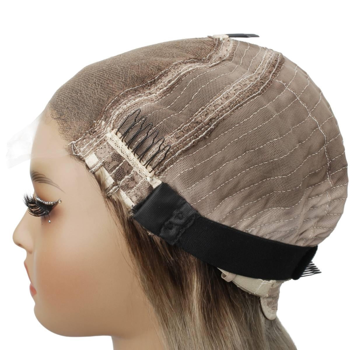 Raw Straight Glueless 5x5 HD Lace Closure Wig - Chocolate Brown / Platinum Blonde Ombre (4/60) - side view of glueless cap showing 5x5 HD lace, adjustable strap and secure combs on mannequin