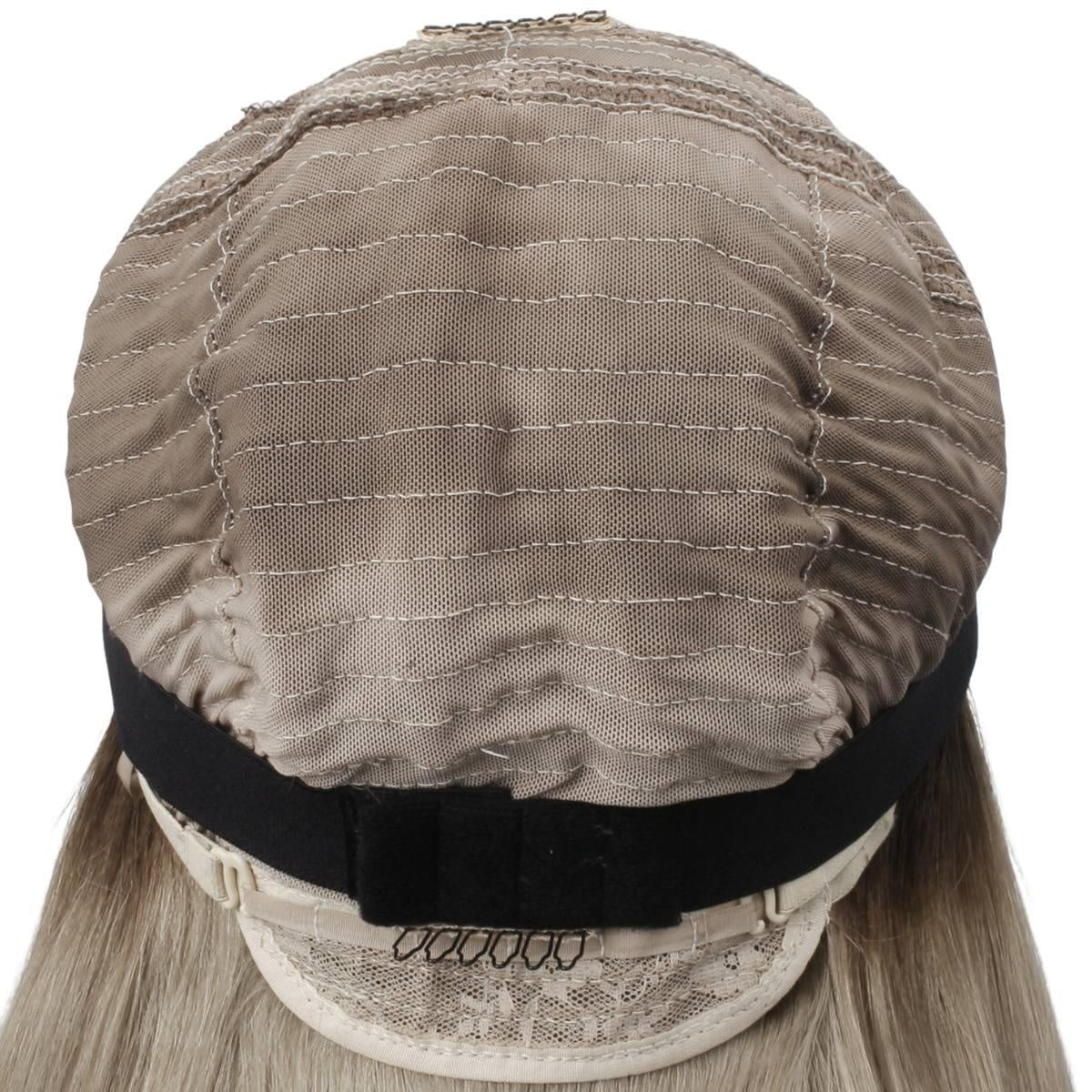 Raw Straight Glueless 5x5 HD Lace Closure Wig - Chocolate Brown / Platinum Blonde Ombre (4/60) - back view of glueless cap showing wefts, adjustable strap and combs for secure fit
